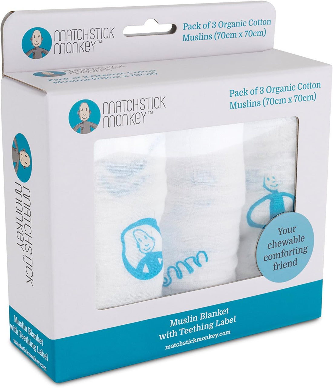Matchstick Monkey Organic Cotton Muslin - Pack of 3 - 70x70cm | Prenatal, Babies, Nusring, Cybex, Avent Muslin Blanket