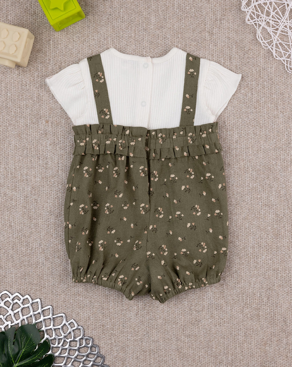 Prenatal Green baby girl short romper with little flowers Bodysuit