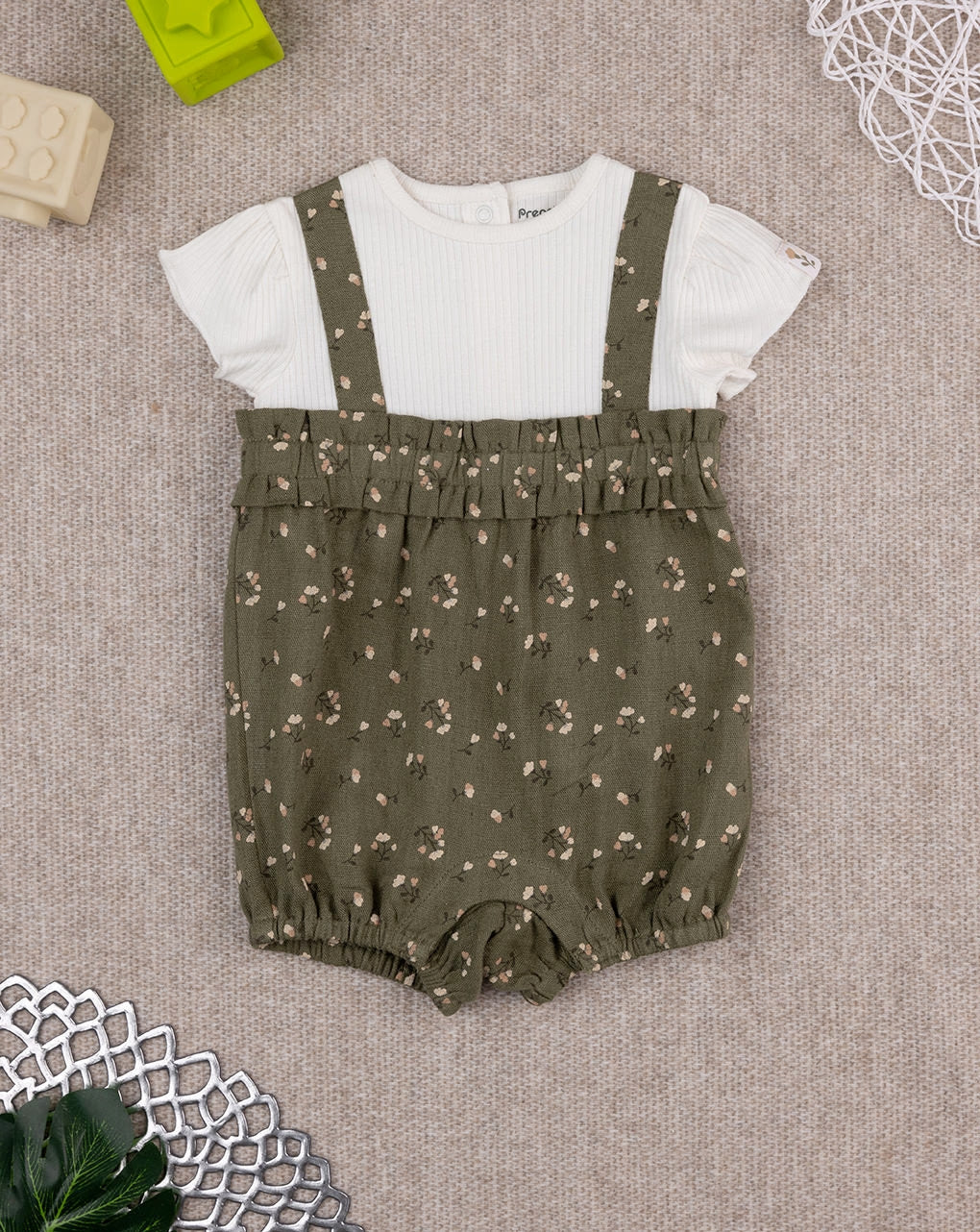 Prenatal Green baby girl short romper with little flowers Bodysuit