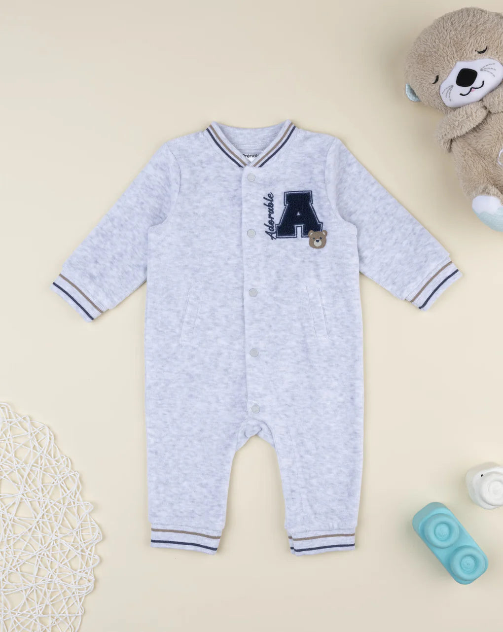Prenatal Gray chenille baby romper with patch Bodysuit
