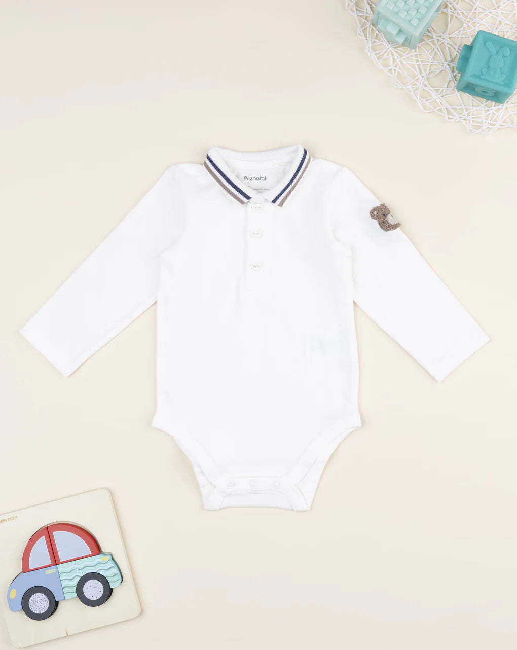 Prenatal Baby's white long-sleeved bodysuit with bear patch Bodysuits & Overall, clothing, AW25 P2