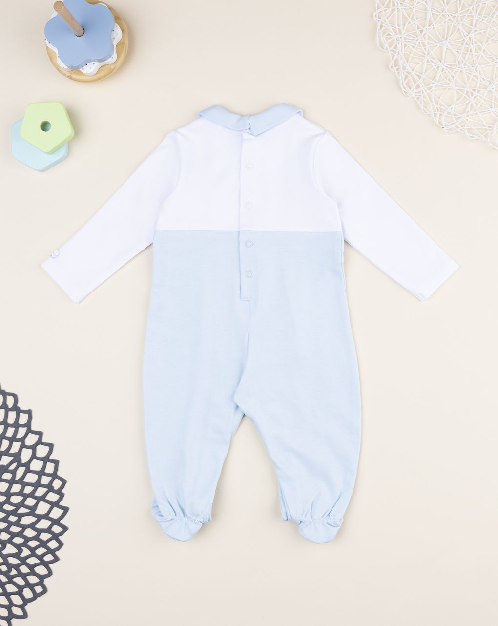 Prenatal Newborn Boy Two-Tone White/Blue Sleepsuit with Free Bear