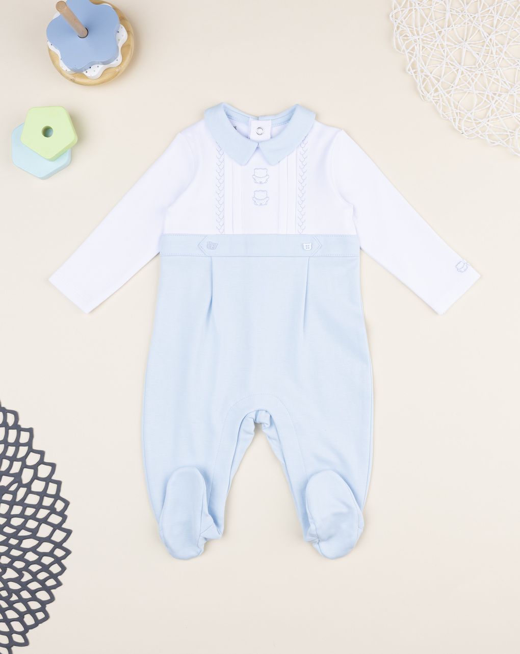 Prenatal Newborn Boy Two-Tone White/Blue Sleepsuit with Free Bear