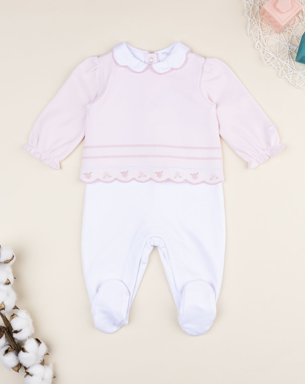 Prenatal Newborn Girl Two-Tone Pink/White Sleepsuit with Free Bear