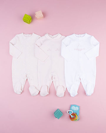 Prenatal Pack of 3 Newborn Girl White/Pink Interlock Sleepsuit