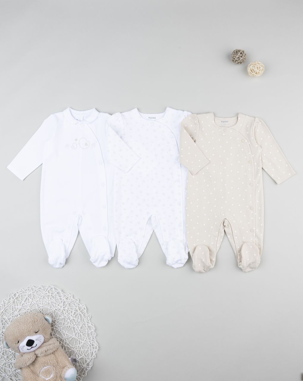 Prenatal Pack of 3 Newborn Girl White/Beige Interlock Sleepsuit
