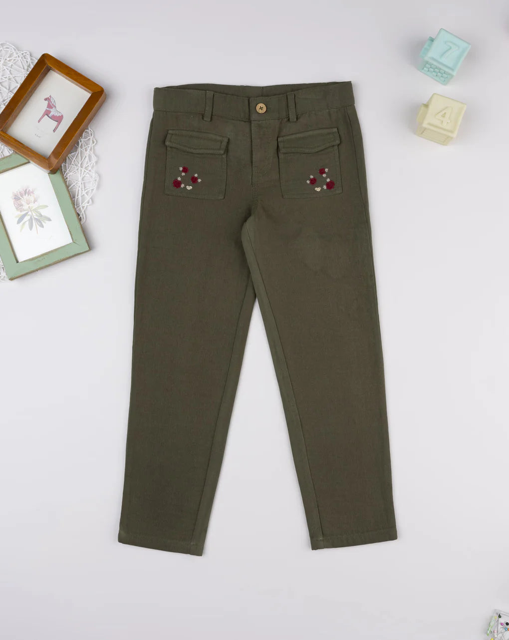 Prenatal Green girls' trousers with embroidery Trousers & Shorts, clothing, AW25 P2