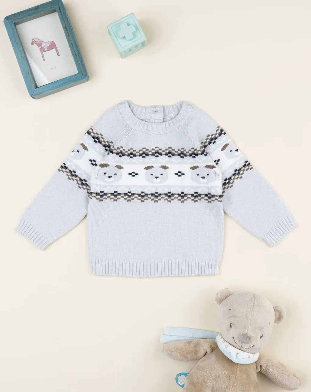 Prenatal Gray baby sweater with bear embroidery