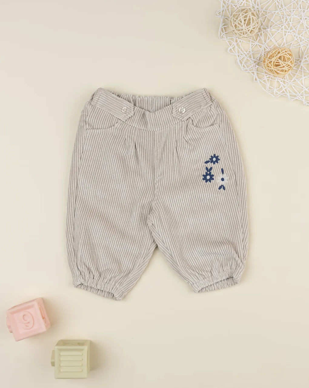 Prenatal Beige ribbed trousers for girls with embroidery