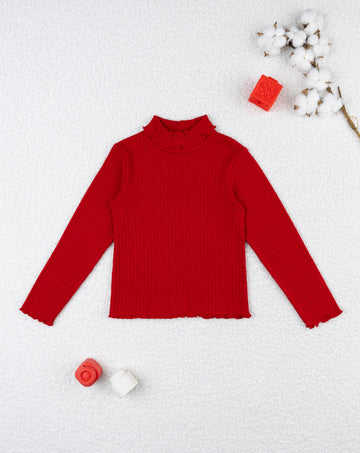 Red Ribbed Turtleneck Sweater For Girls