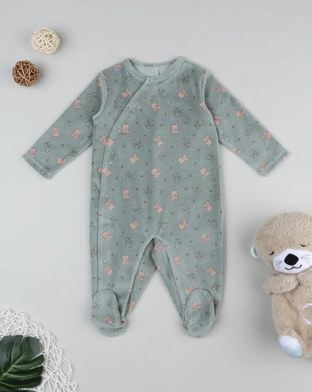 Prenatal Green baby romper with allover teddy bears