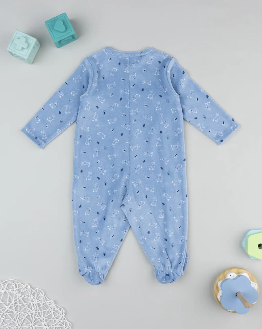 Prenatal Baby blue romper with allover rabbits