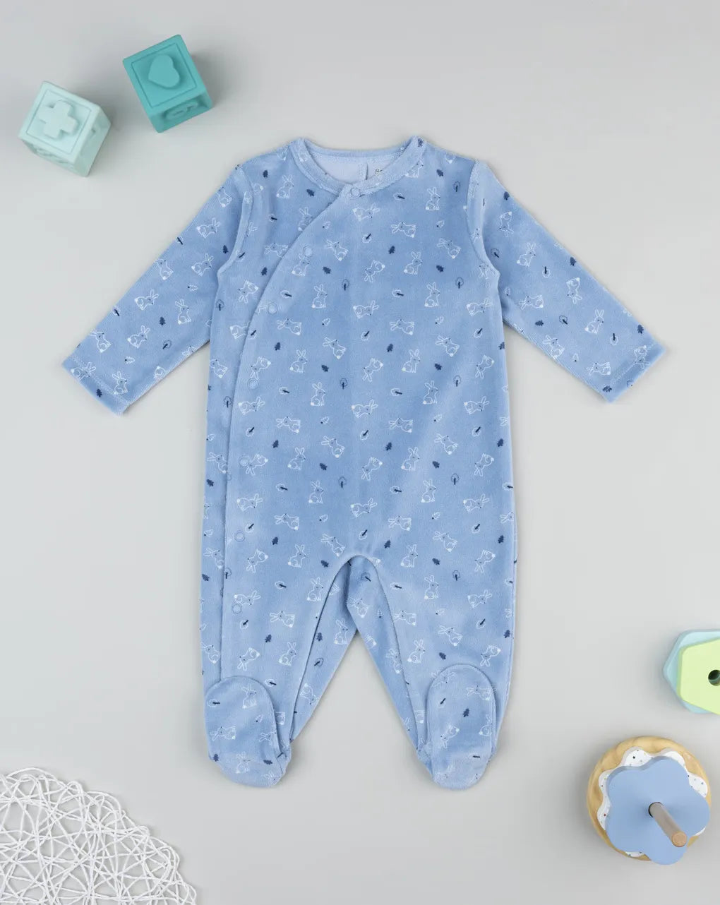 Prenatal Baby blue romper with allover rabbits