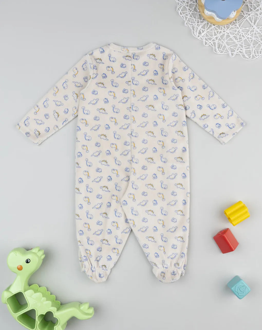 Prenatal Beige baby romper with all-over dinosaurs