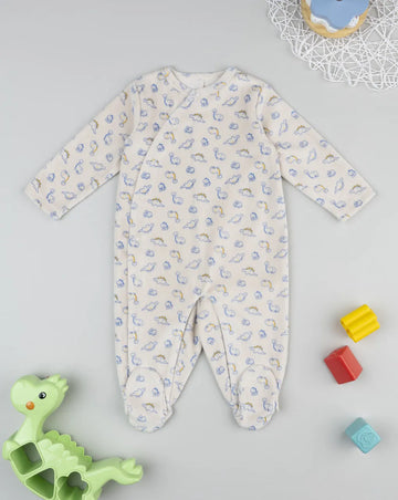 Prenatal Beige baby romper with all-over dinosaurs