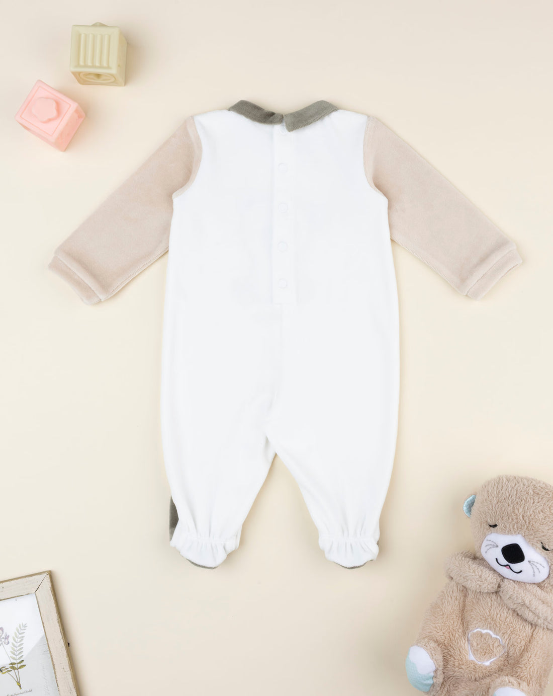 White/Beige Baby Onesie With Teddy Bear