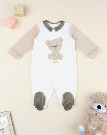 White/Beige Baby Onesie With Teddy Bear