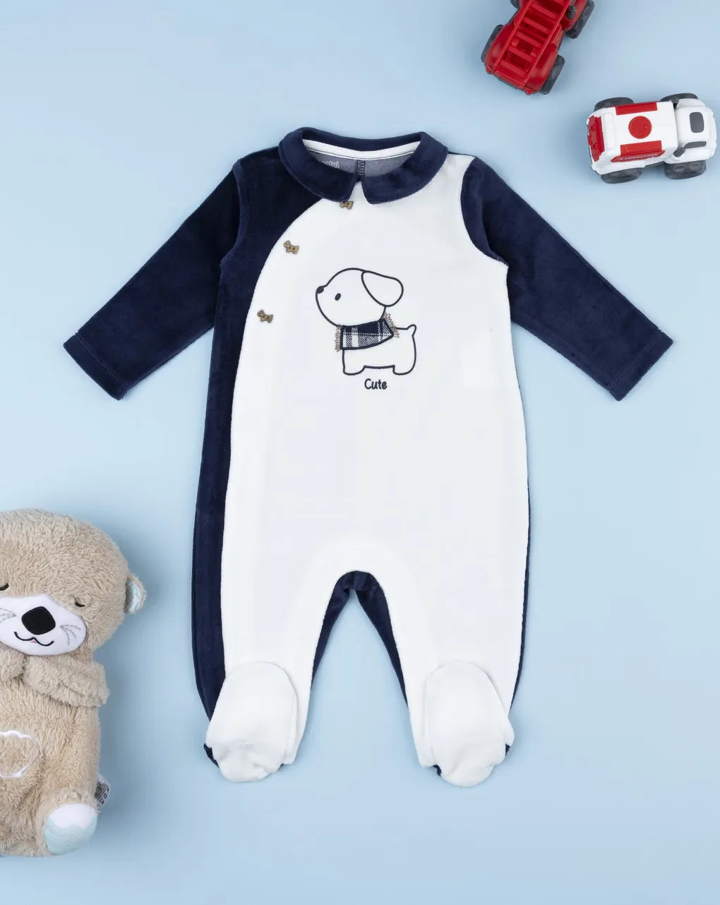 Prenatal Baby girl's white/blue puppy onesie