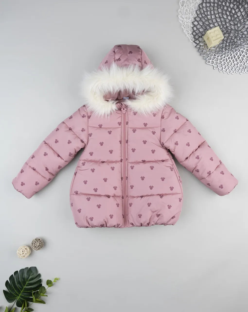 Prenatal Pink Minnie Mouse down jacket with fur for girls