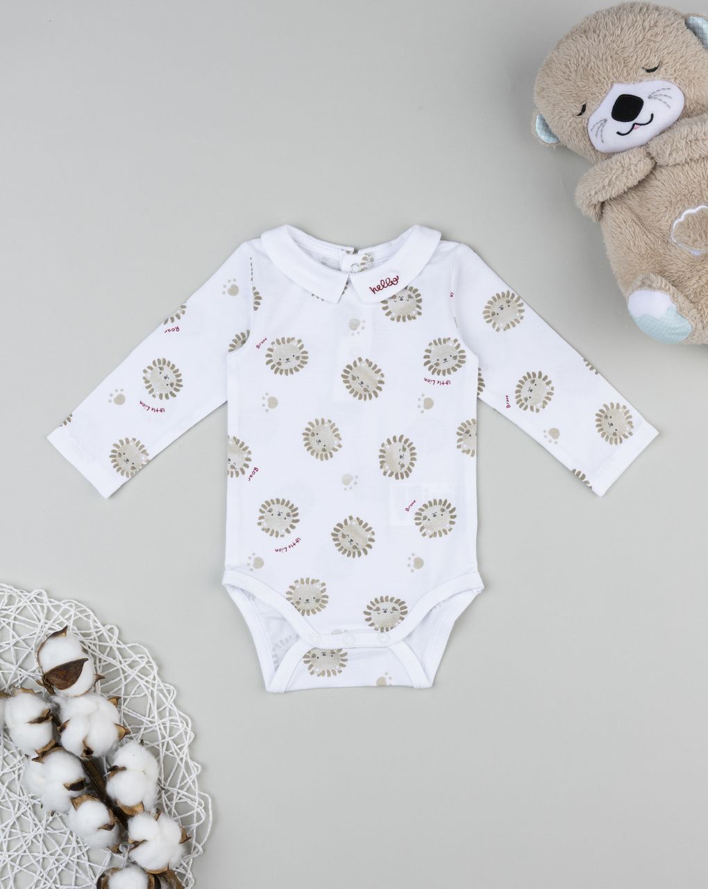 Prenatal Newborn Boy White Allover Lion Print Bodysuit