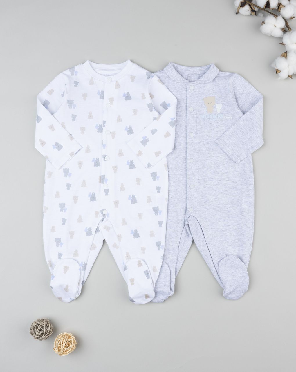 Prenatal Pack of 2 Boy White/Grey Bear Sleepsuit