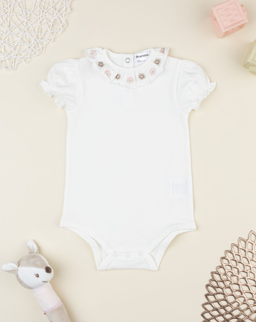 Prenatal Girl White Bodysuit with Embroidered Flower