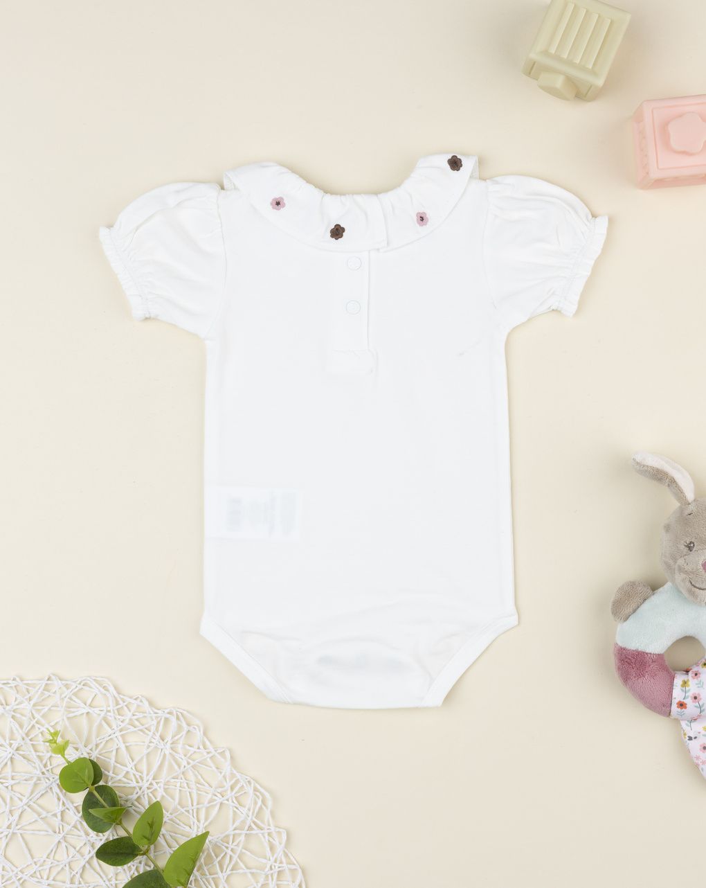 Prenatal Girl White Bodysuit with Embroidered Flower Collar