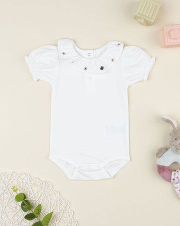 Prenatal Girl White Bodysuit with Embroidered Flower Collar