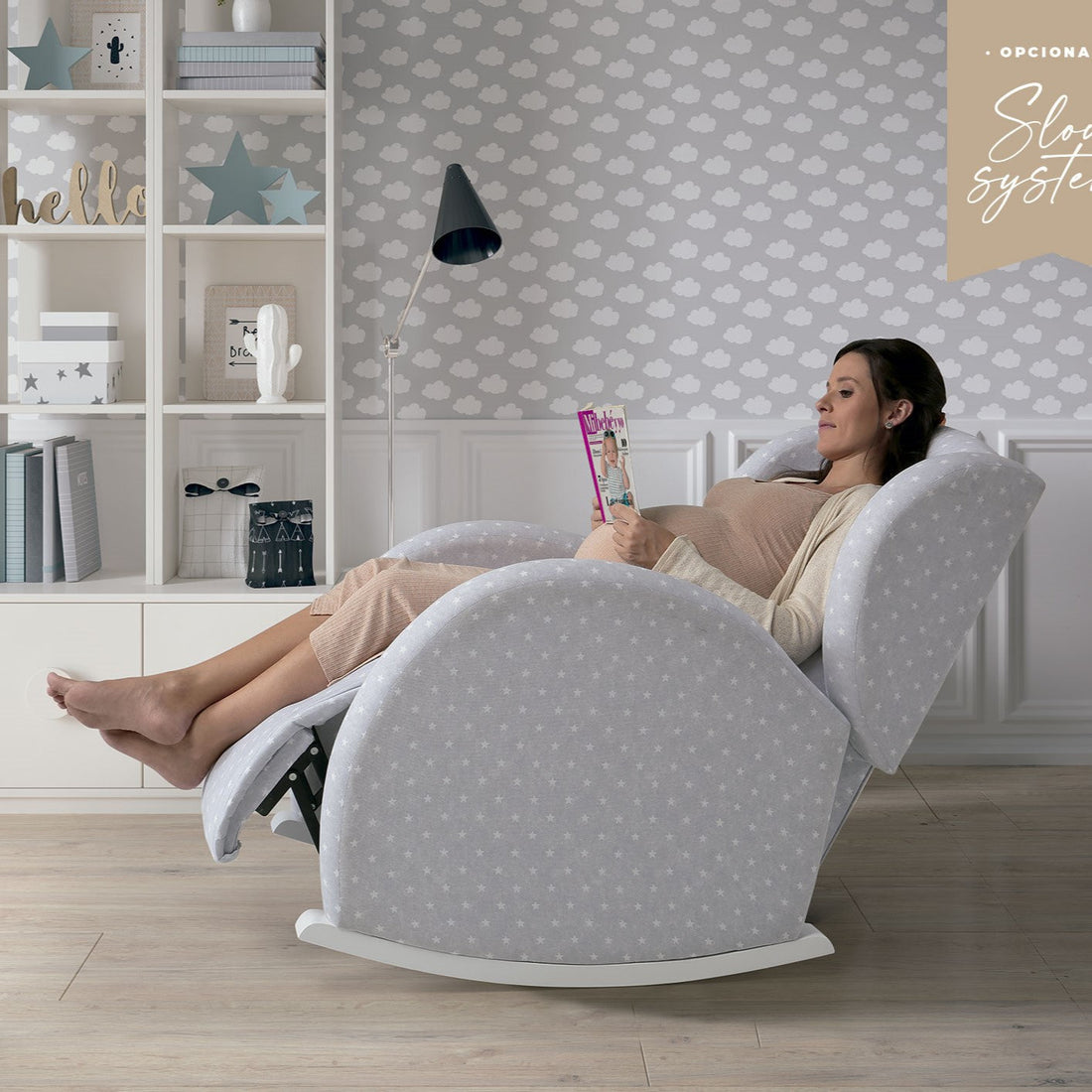 Woman reading a book in a modern armchair in a stylish room.