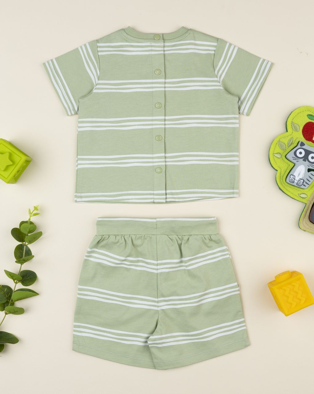 Prenatal Green striped outfit for boys with embroidery
