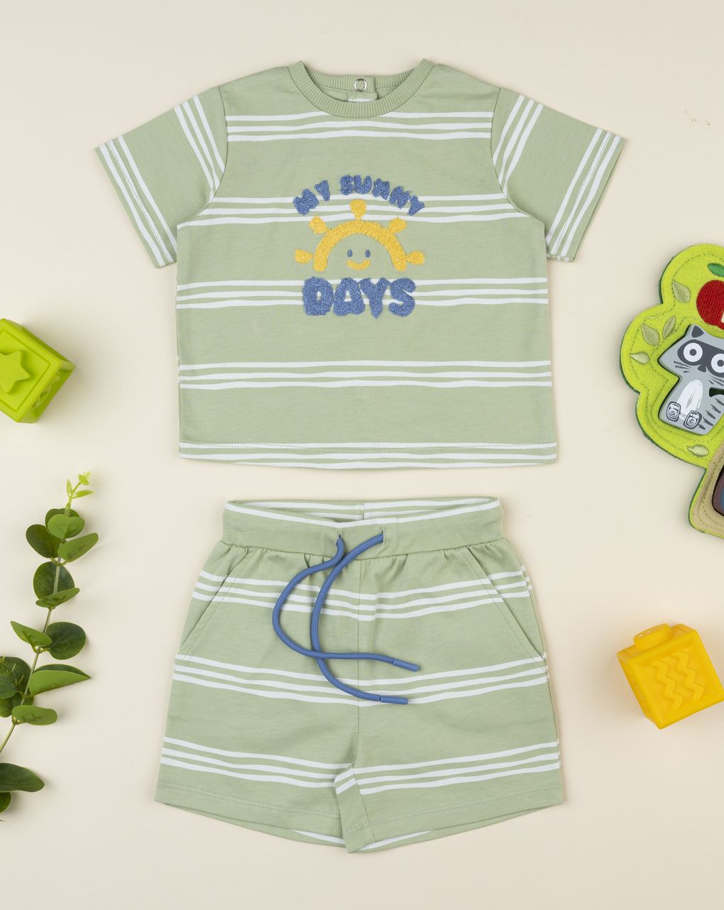 Prenatal Green striped outfit for boys with embroidery