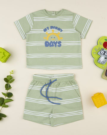 Prenatal Green striped outfit for boys with embroidery