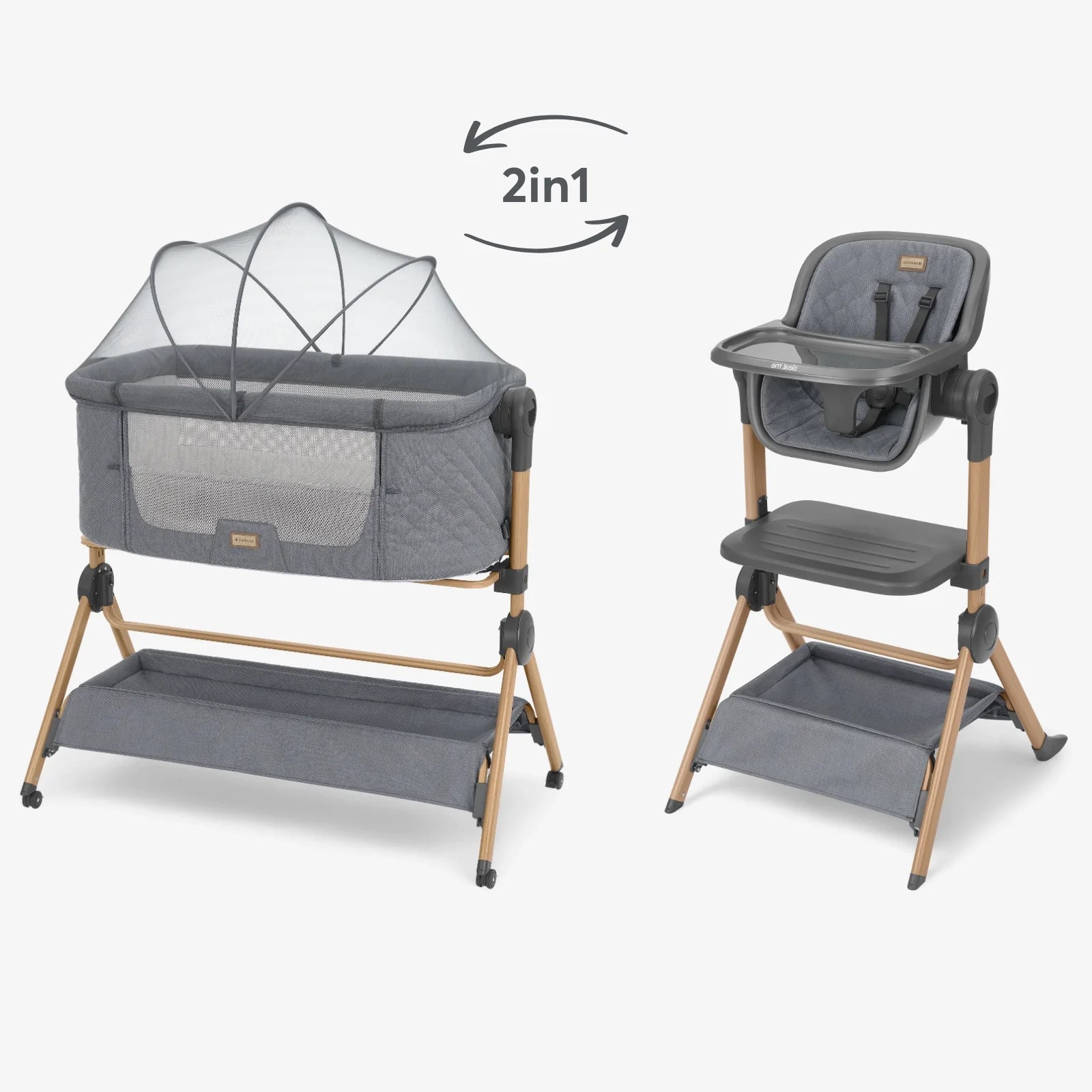 Kikkaboo Sleat Me Grey 2in1 bedside crib and highchair