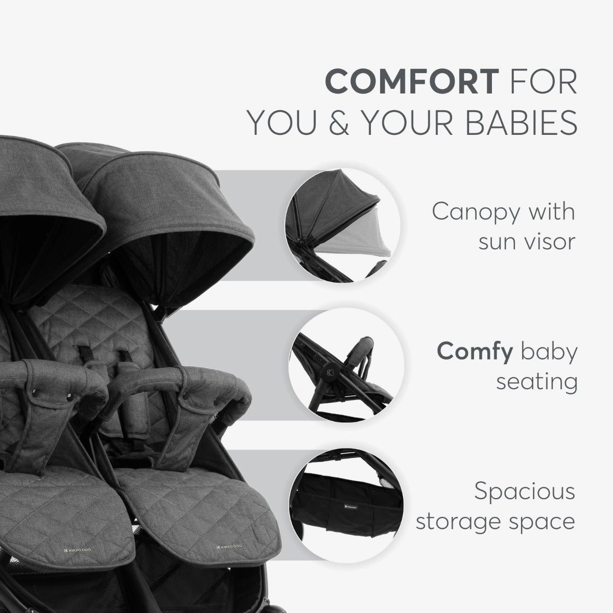 Kikkaboo Happy 2 Twin Stroller - Dark Grey | Prenatal, Babies, Nusring, Cybex, Avent Twin Stroller