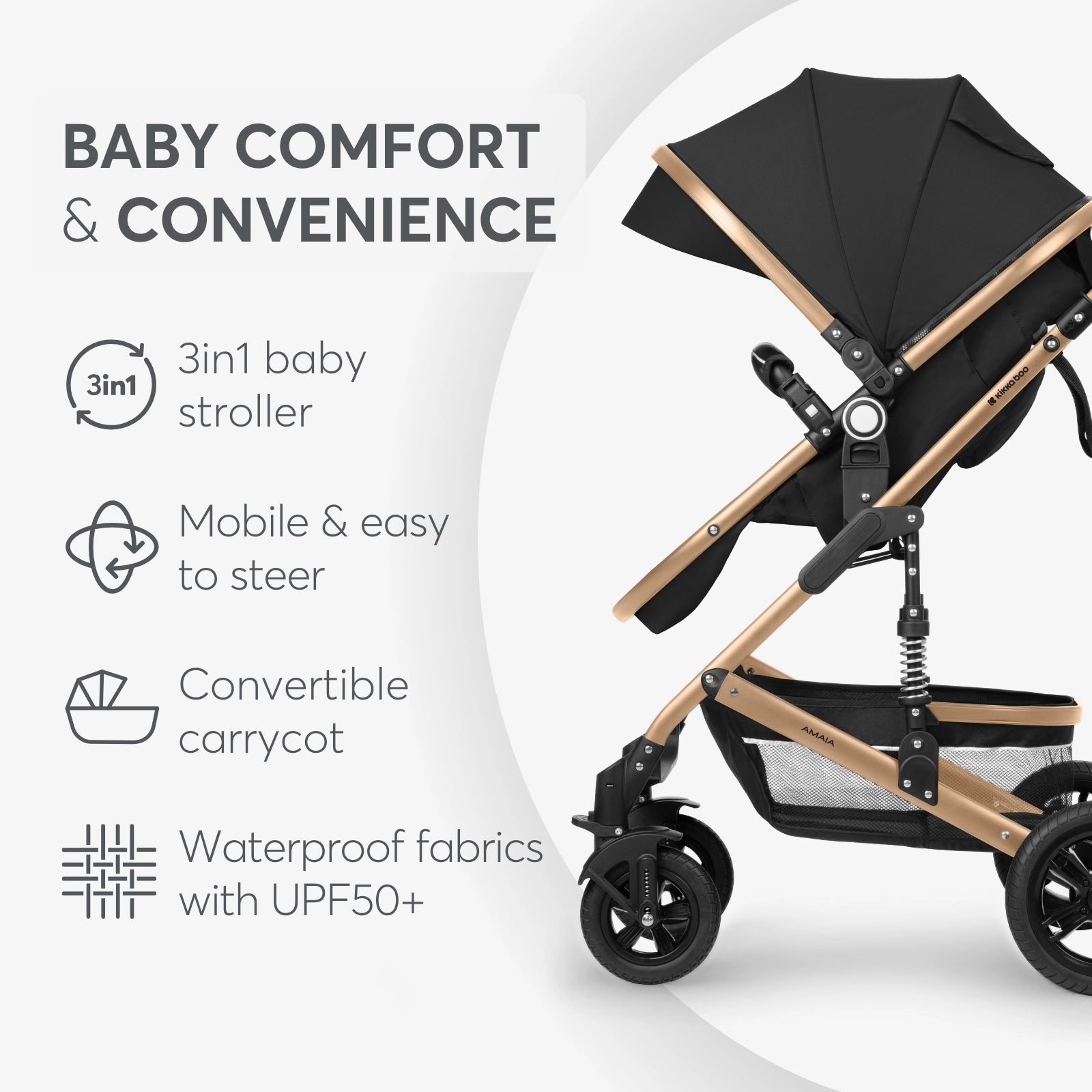 Kikkaboo Amaia 3-in-1 Travel System Stoller with Transferable Seat - Black | Prenatal, Babies, Nusring, Cybex, Avent Travel System