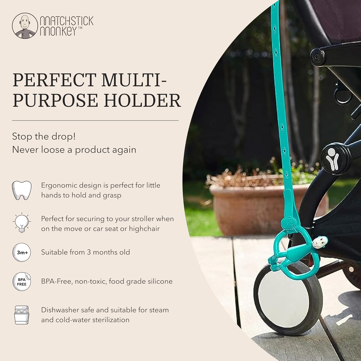 Matchstick Monkey Antimicrobial Silicone Multi-Use Product Holder Strap For Teether | Prenatal, Babies, Nusring, Cybex, Avent Teether