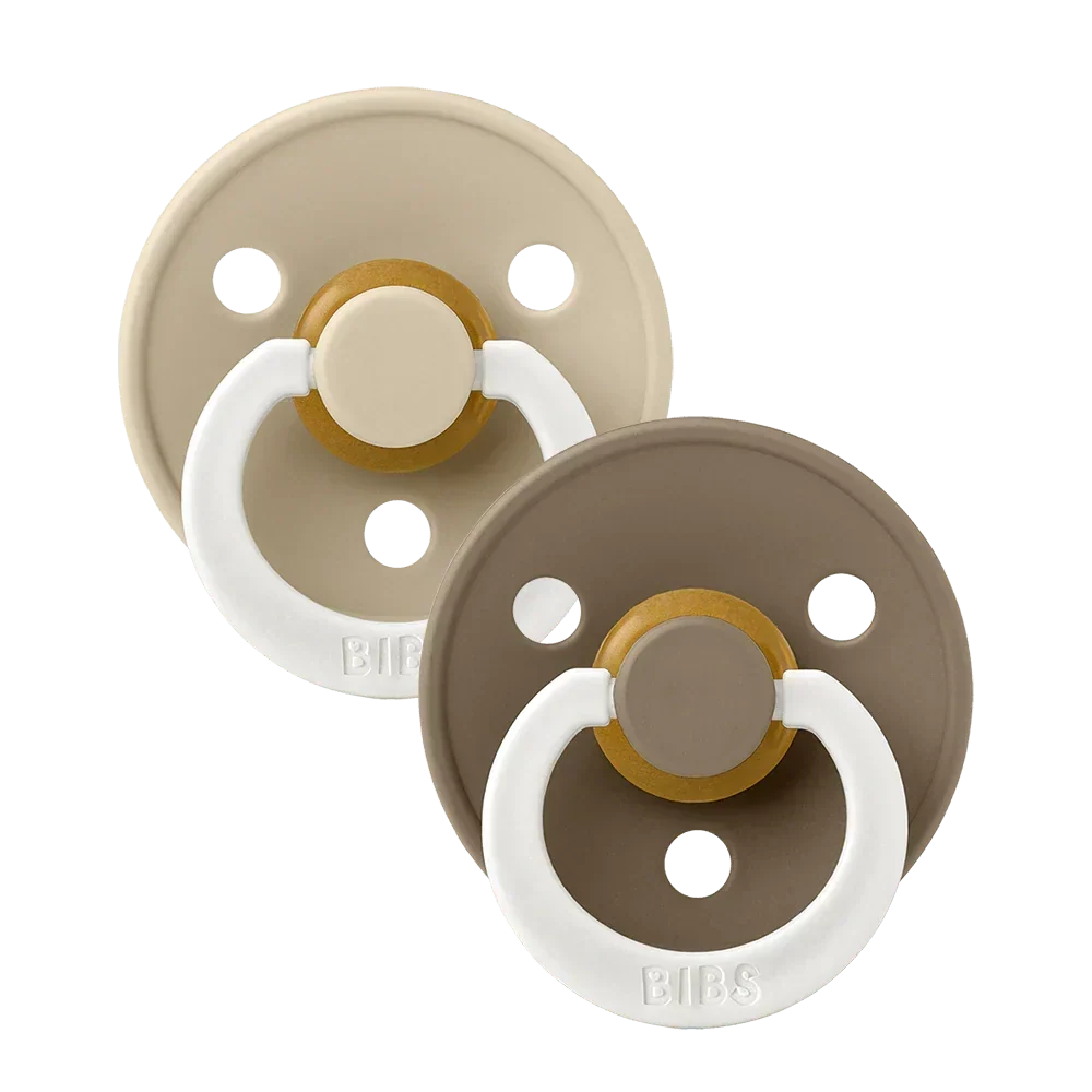 2-pack latex baby pacifiers with round shields, dark oak and vanilla colorways