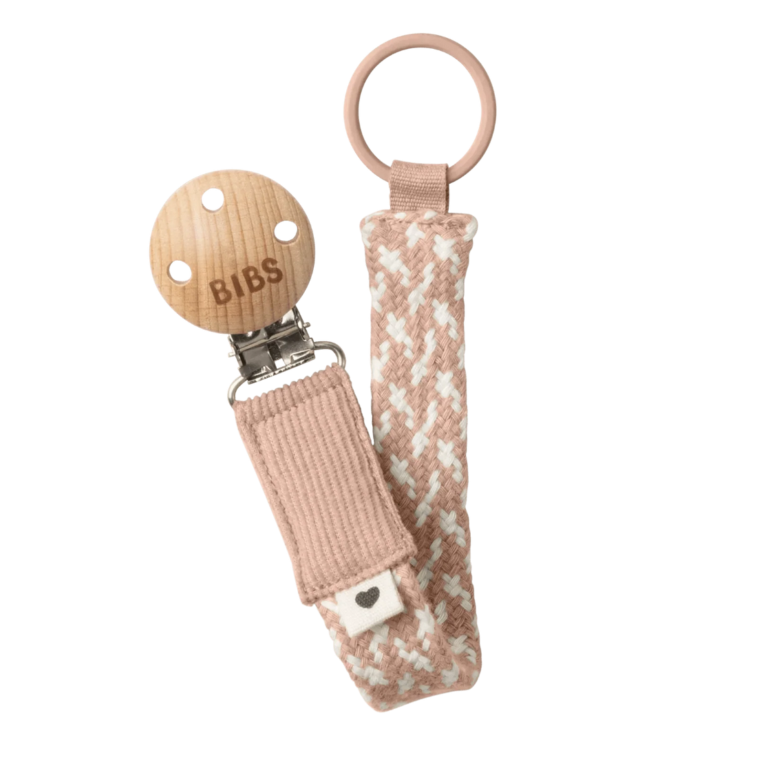 Woven pacifier clip with blush-and-ivory strap, BIBS tag, and metal clasp