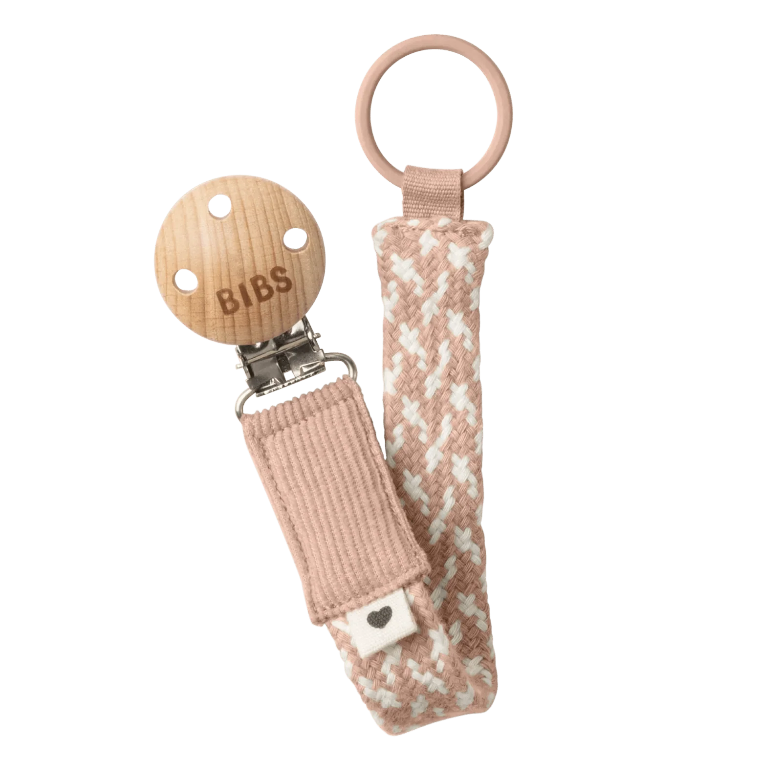 Woven pacifier clip with blush-and-ivory strap, BIBS tag, and metal clasp