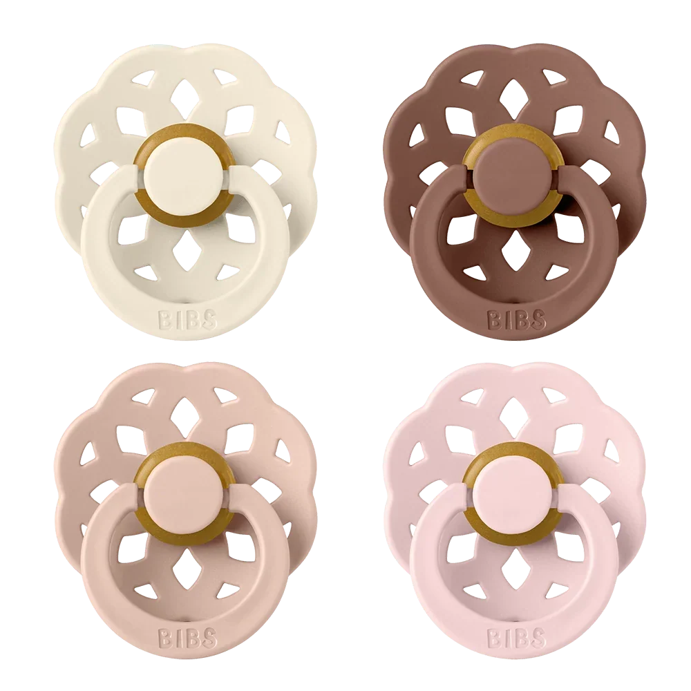 2-pack latex pacifiers, floral cutout shields, gold rings; white and blush pink