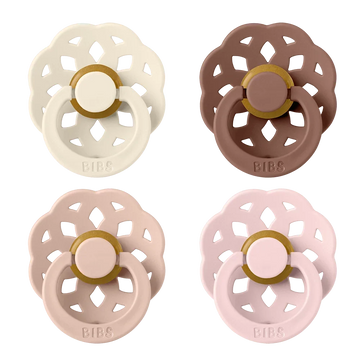 2-pack latex pacifiers, floral cutout shields, gold rings; white and blush pink