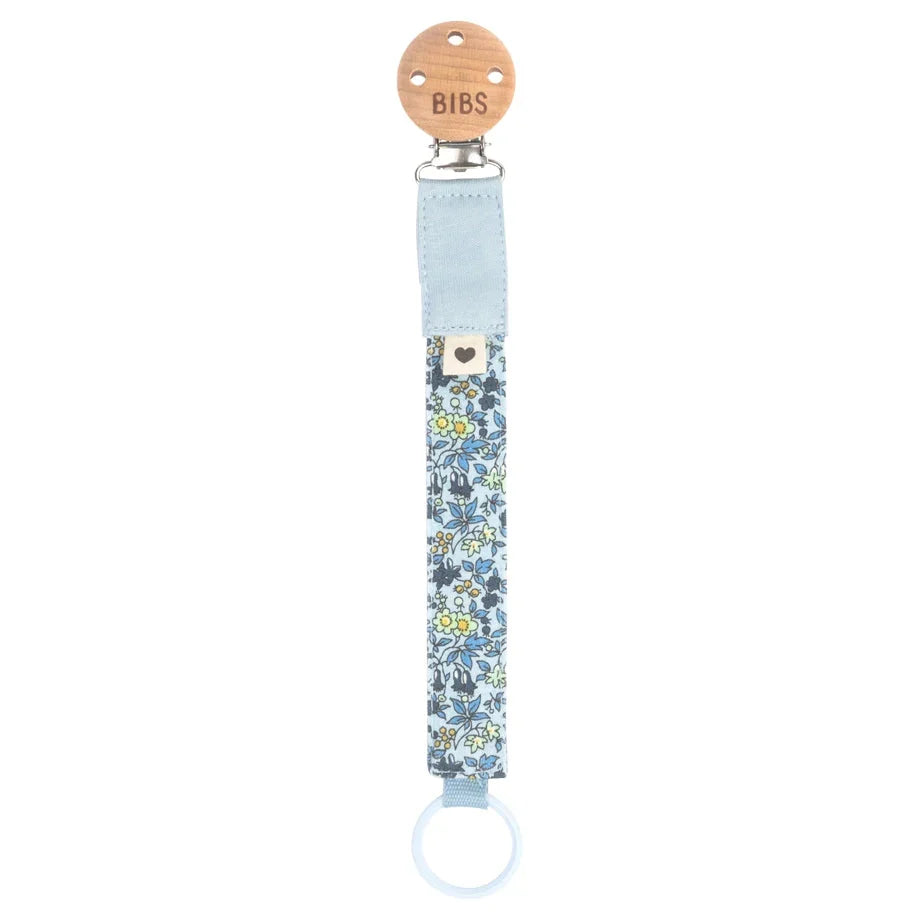 BIBS pacifier clip with blue denim and chamomile floral fabric strap and ring
