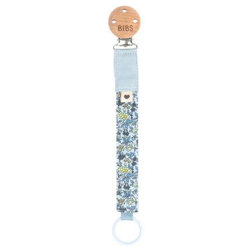 BIBS pacifier clip with blue denim and chamomile floral fabric strap and ring