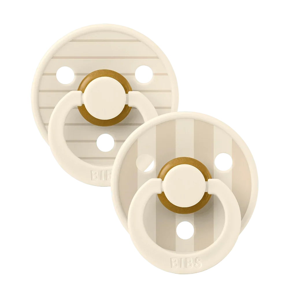 Two vanilla latex baby pacifiers, size 1, brown striped shields with BIBS logo.