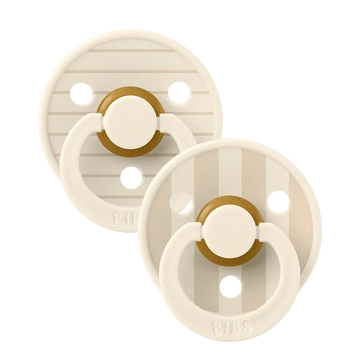 Two vanilla latex baby pacifiers, size 1, brown striped shields with BIBS logo.