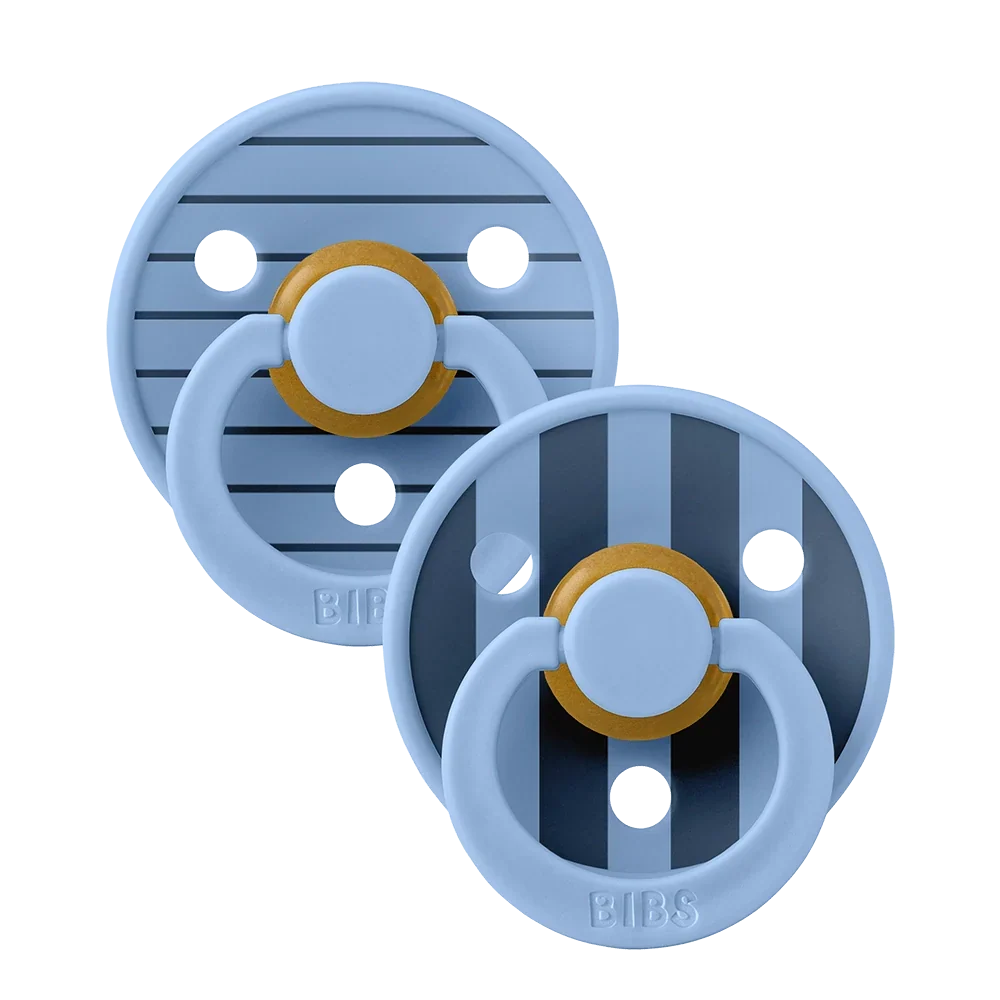 Size 1 latex pacifiers, 2-pack, light blue with striped shields and gold accent