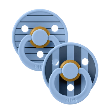 Size 1 latex pacifiers, 2-pack, light blue with striped shields and gold accent