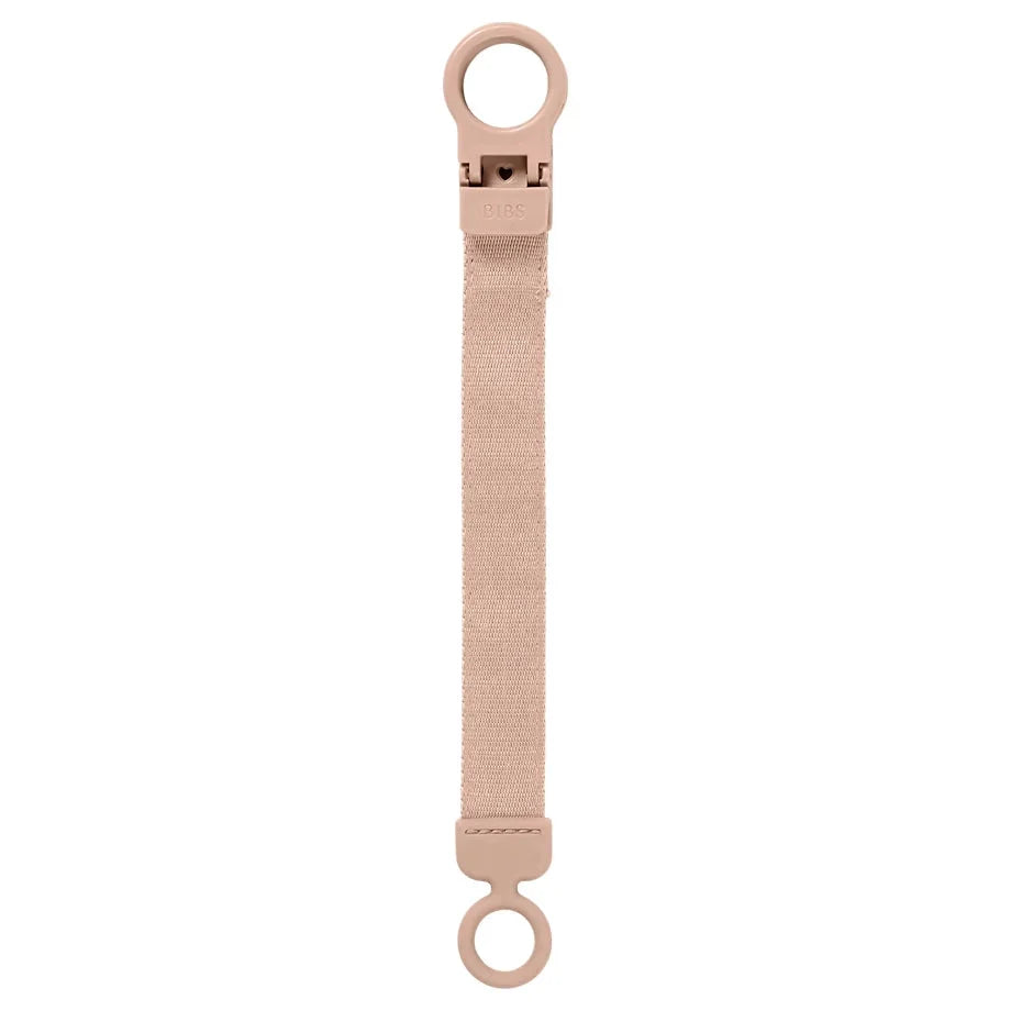 Blush fabric pacifier clip with two loop rings and secure clasp