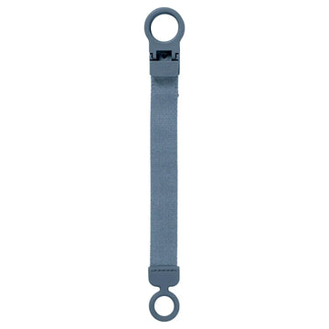Petrol-blue pacifier clip with fabric strap and two plastic loop ends