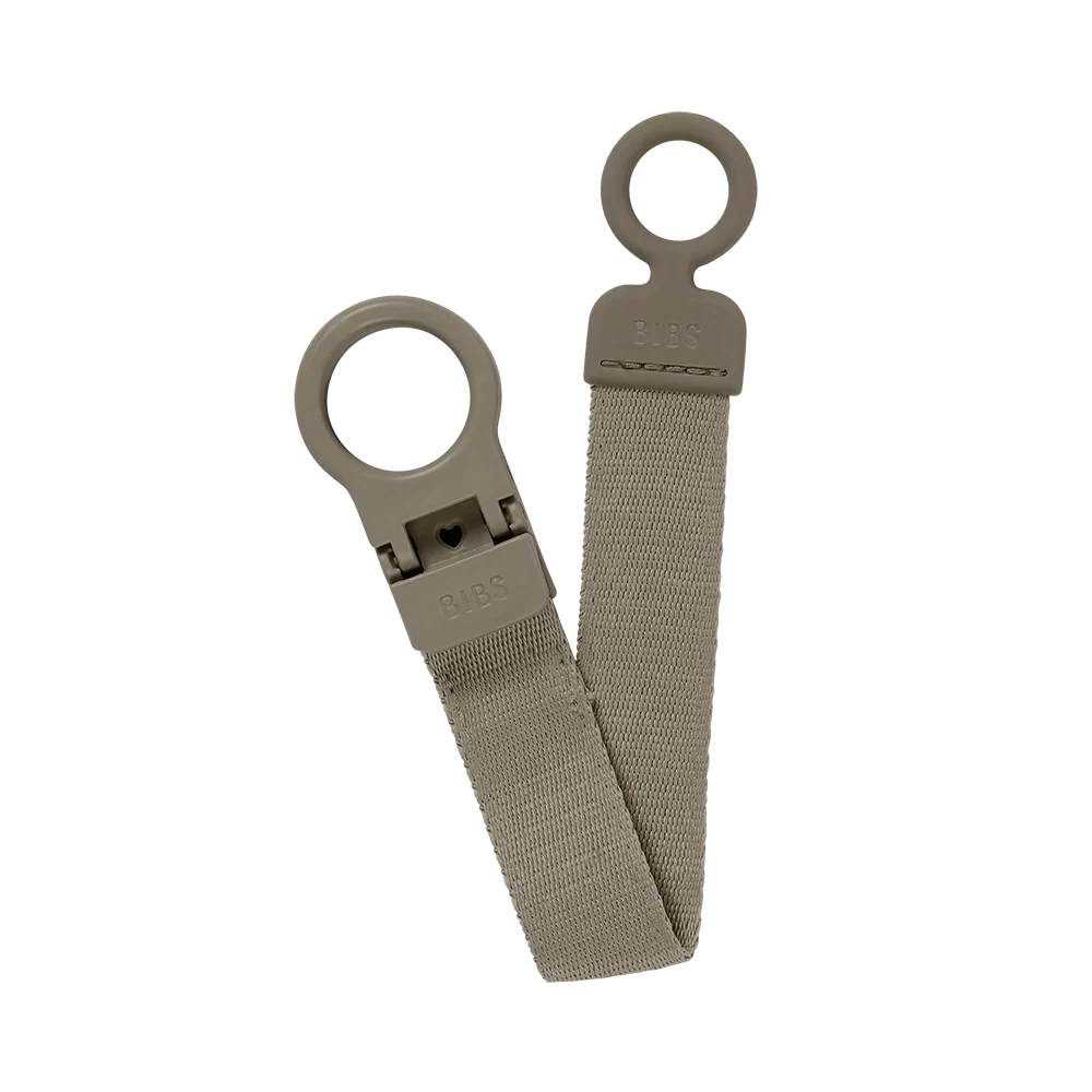 Loop-style pacifier clip with light gray fabric strap and circular ring
